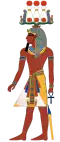 Modern depiction of a pharaoh wearing a Nemes with a Hemhem crown on top