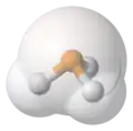 Phosphine, van-der-Waals-based model with ball-and-stick model superimposed
