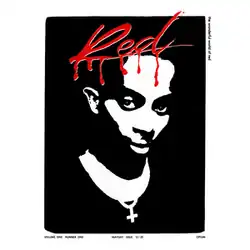 A white silhouette of a face wearing a necklace is displayed over a black square on a white background with the red stylized text "Red" dripping at the top