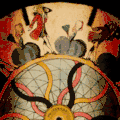 Phenakistoscope which is spun displaying the illusion of motion of a man bowing and a woman curtsying to each other in a circle at the outer edge of the disc, 1833