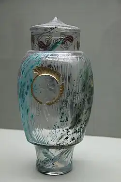 Covered pot with marine decor. (1899–92). Glass engraved and gilded, inclusions of colored pigments, polychrome enamel decoration