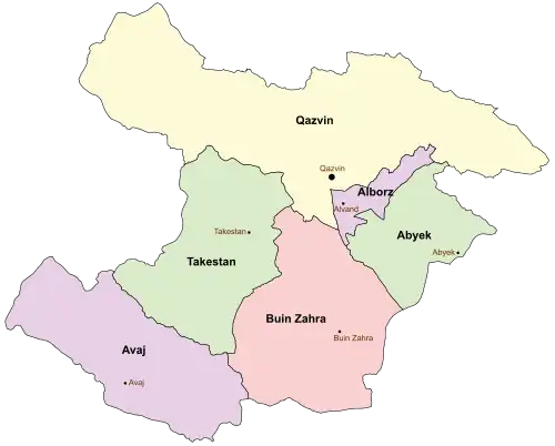 Location of Avaj County in Qazvin province (left, purple)