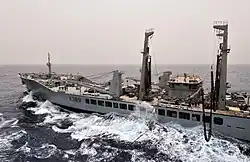 Wave Knight prepares to transfer fuel to the amphibious assault ship USS&nbsp;Bataan during a replenishment at sea.