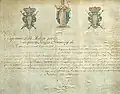 Arms with blue and red bars in a Ragusan Consular Diploma (the aforementioned credentials of Bartolomeo Lodovico Ghiglione)