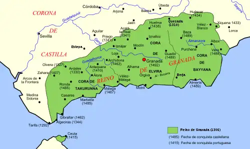 Color coded map of the Emirate of Granada and the surrounding regions