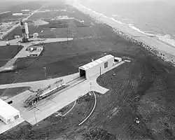 B4-988/ Scout rocket (#S-138R) in horizontal position at LA-3A in 1965. LA-3 visible at the top left.