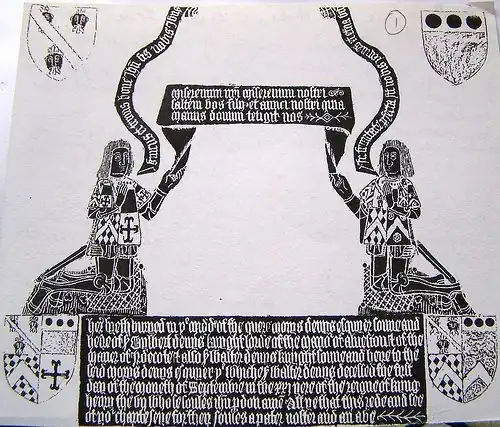 Tabards displaying quartered coats of arms on front and sleeves: the Denys brass of 1505, Olveston, Gloucestershire
