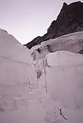 The lower rappel over the bergschrund