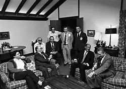 A meeting at Camp David with (l-r) Aharon Barak, Menachem Begin, Anwar Sadat, and Ezer Weizmann, 1978.
