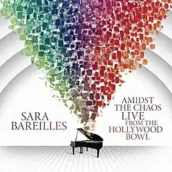 A piano on a stage with a variety of colors emerging from the instrument