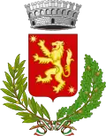 Half red (left) and half beige (right) with a lion, crown, and leaves