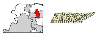 Location of Lakeland in Shelby County, Tennessee.