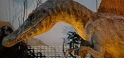 Large spinosaurid sculpture outside a museum building