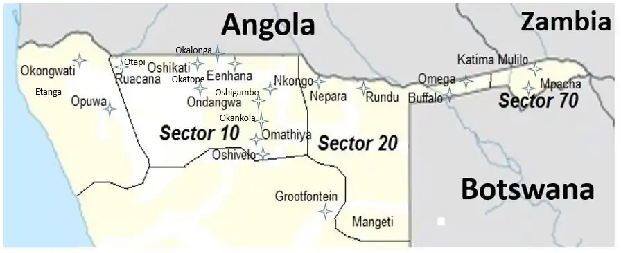 Simplified map of the front line sectors of South West Africa (not all secondary bases marked)