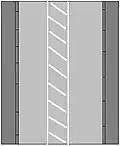 Keep left of the unbroken diagonally hatched divider; No crossing of the divider