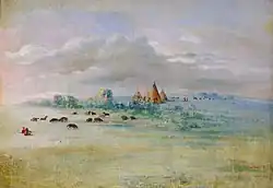 An oil painting on canvas of several tipis, buffalo, and people sitting or cooking