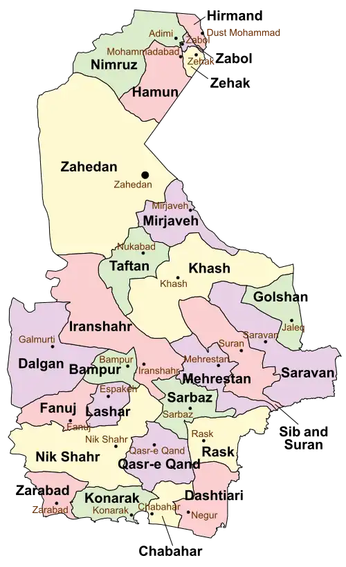 Location of Fanuj County in&nbsp;Sistan&nbsp;and&nbsp;Baluchestan province (center&nbsp;left,&nbsp;pink)