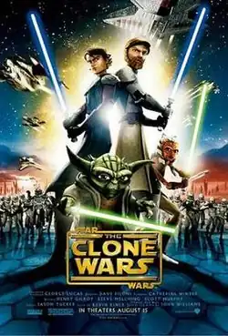 Anakin Skywalker, Obi-Wan Kenobi, Yoda, and Ahsoka Tano stand wielding their lightsabers in the foreground, while a group of clone troopers stand in the background as various spaceships fly in the sky.
