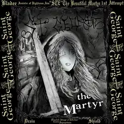 A black-and-white drawing of a figure holding a sword. The drawing is outlined by text