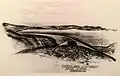 Artist's impression of the 1st phase of the Sterkfontein Dam. The final wall was raised to the level of the valve control room at the top of the concrete tower.