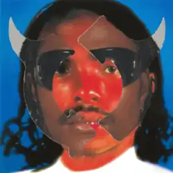 Two overlapping, close-up photos of Lacy. One is more saturated and has a blue background, while the other is contained inside a frame of revolving arrows and devil horns, and is much more desaturated and has Lacy donning sunglasses.