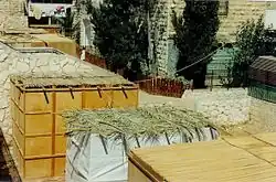 Different types of kosher s'chach serve as roofs for sukkot: woven bamboo mats (far left and right); palm leaves (center).