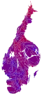 Cartogram of vote with each municipality rescaled in proportion to number of valid votes cast. Deeper blue represents a greater relative majority for the centre-right coalition, brighter red represents a greater relative majority for the left-wing coalition.