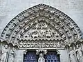 1230-1240 A.D., Spain. Tympanum of the Sarmental Portal, Burgos Cathedral, with Christ, the Four Evangelists, the 24 Elders of the Apocalypse (with musical instruments), angels, and others.