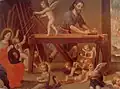 Close-up view of “St. Joseph's Workshop” by Manuel de Samaniego. Oil on canvas, 51 x 69.4&nbsp;cm, 18th century. Quito, Ecuador. MUNA.[6]