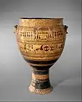 Pedestalled krater (Geometric); c. 750 BC; terracotta; height: 108.3&nbsp;cm, diameter: 72.4&nbsp;cm; Metropolitan Museum of Art[35]