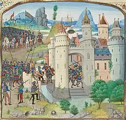 A colourful image of mounted knights in close-quarters combat