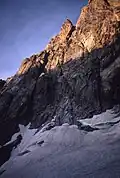 The route begins above the bergschrund about middle of the photo.