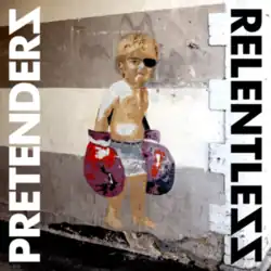 A painting of a child wearing an eyepatch and oversized boxing gloves against grey and white stripes, with the band's name on the left and album title on the right