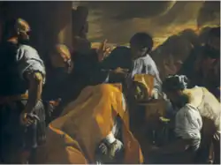 Five people surround a dying man in bishop clothes. A woman collects his blood.