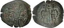 Obverse and reverse of a dark-coloured coin; the former with an image of a four-winged angel, the latter with two standing figures, the left one dressed in regalia and the right one as a warrior saint, holding a sword between them