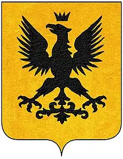 A black eagle with wings spread on a yellow background