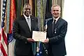 Secretary of Defense Lloyd J. Austin III awards the medal to NATO Secretary General Jens Stoltenberg