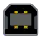 A USB 2.0 Standard‑B receptacle: an eight-millimetre-square opening with chamfered upper corners and a plastic protrusion in the center.