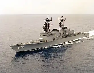 Ingersoll with only ASROC launcher forward, as all destroyers were initially built. Image also shows an example of black masts and no Phalanx CIWS