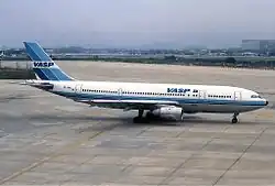 Side view of a white-and-blue plane on the tarmac