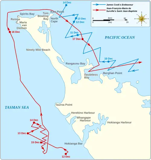 A map of the north of the North Island of New Zealand showing the routes of Saint Jean-Baptiste and James Cook's Endeavour