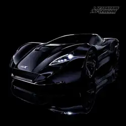 A black sports car with the lights on, on a black background, with the letters "XCX" on the hood of the car.