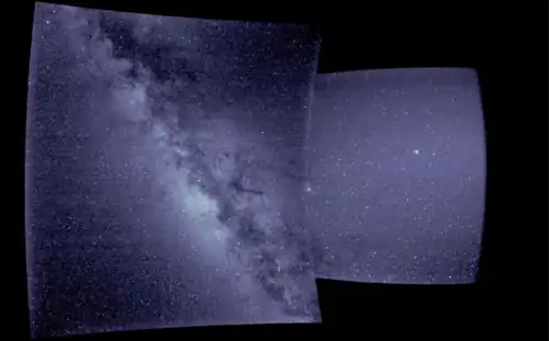 WISPR first light image. The right portion of the image is from WISPR's inner telescope, which is a 40-degree field of view and begins 58.5 degrees from the Sun's center. The left portion is from the outer telescope, which is a 58-degree field of view and ends about 160 degrees from the Sun.[97]