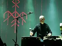 Logotype of Norwegian "dark/pagan folk band" Wardruna in the background, an example of an unconforming neopagan pseudo-bindrune.