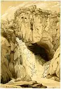 Black chalk with brown wash, heightened with white on buff paper