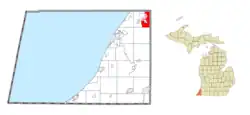 Location within Berrien County (red) and an administered portion of the Paw Paw Lake community (pink)