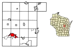 Location of Waupaca in Waupaca County, Wisconsin.