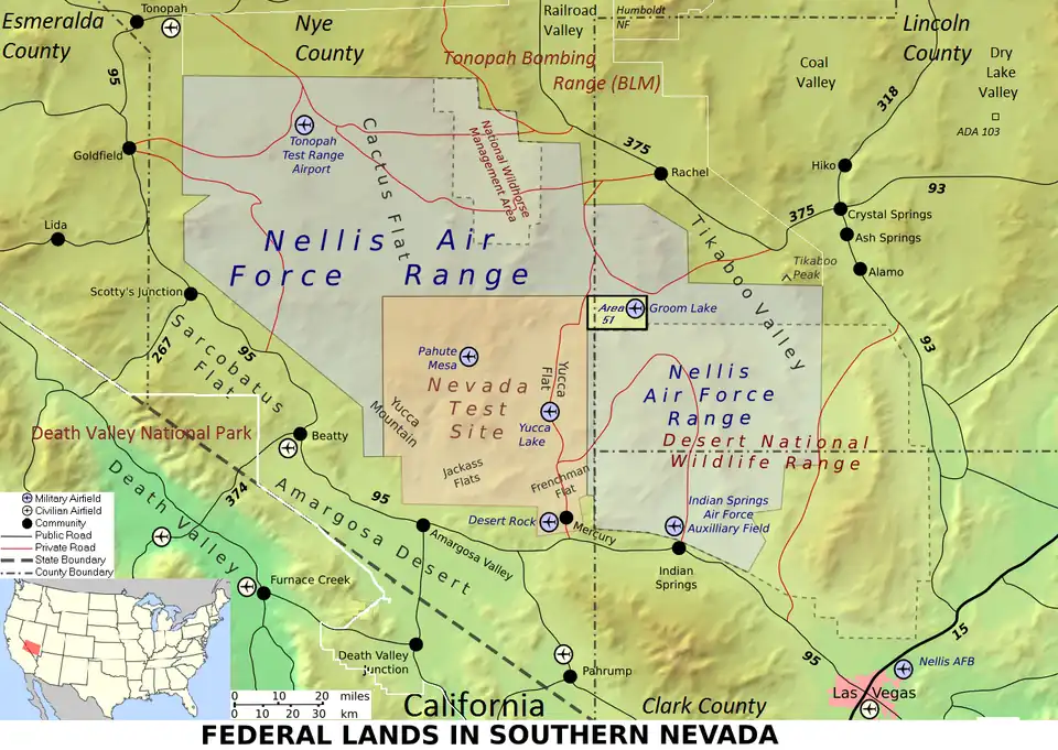 "Nellis Air Force Range" [sic], Tonopah Bombing Range (FUDS), and other federal lands (the Tonopah Test Range/Area 52, the Red Mountain VORTAC site, and the Regional Training Complex are not demarcated).