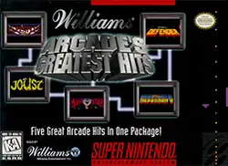 Artwork of a black horizontal rectangular box. The game's title is in the middle surrounded by five grey metal rectangular frames. Inside each frame is a video game title screen that reads clockwise from the top right: Defender, Defender 2, Sinistar, Joust, and Robotron 2084