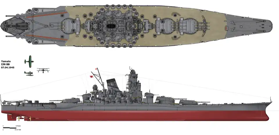 Image 5 Japanese battleship Yamato Image: Alexpl A line drawing of the Japanese battleship Yamato, the lead ship of the Yamato class of battleships that served with the Imperial Japanese Navy during World War&nbsp;II. Named after the ancient Japanese Yamato Province, she was launched on 8 August 1940 and served as the flagship of the Japanese Combined Fleet in 1942. More selected pictures